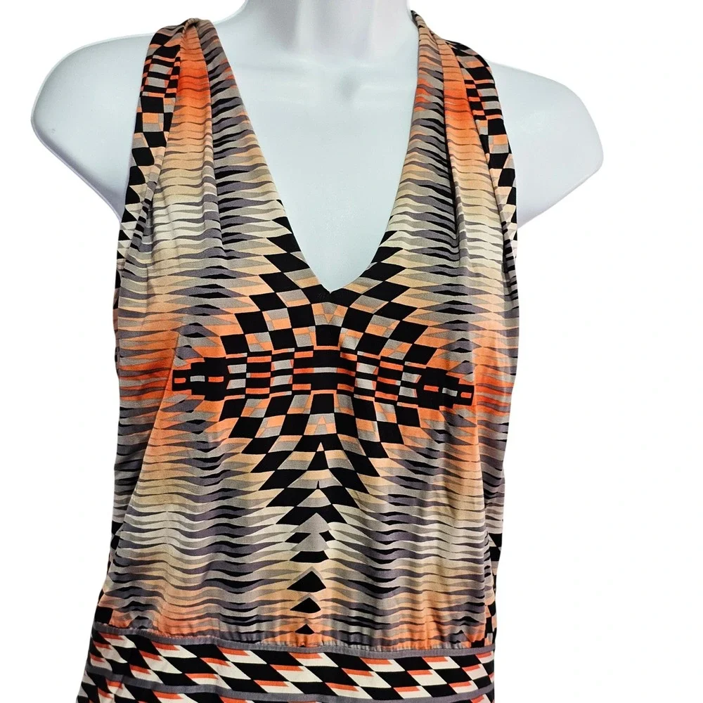 BCBGMAXAZRIA Halter‎ Deep V-Neck Dress Aztec Geo Stretch Orange Navy XS NWT